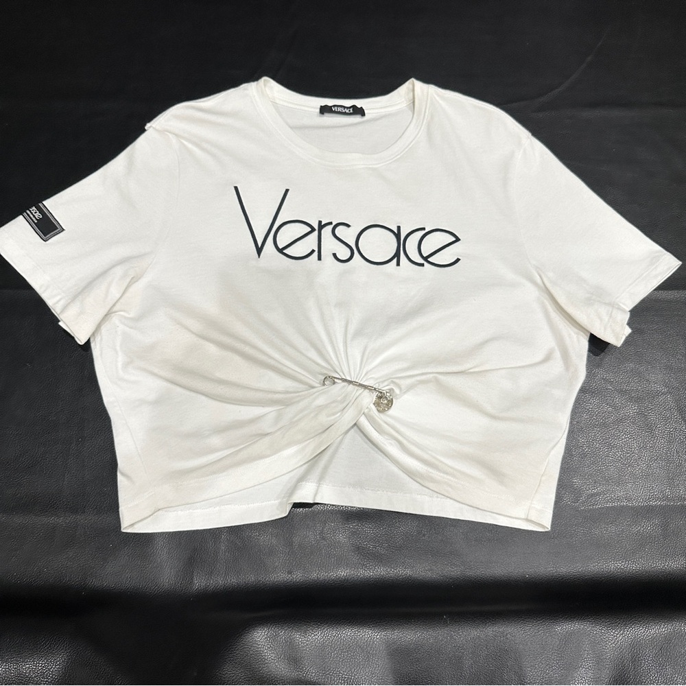 Versace White Crop Top with removable safety pin size 48/10-12